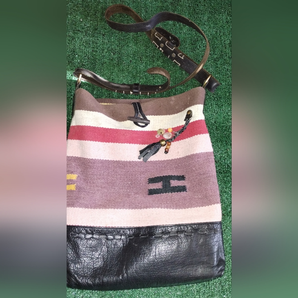 Bohemian Aztec Southwestern Crossbody bag by Raj in Woven Cotton Pebble Leather